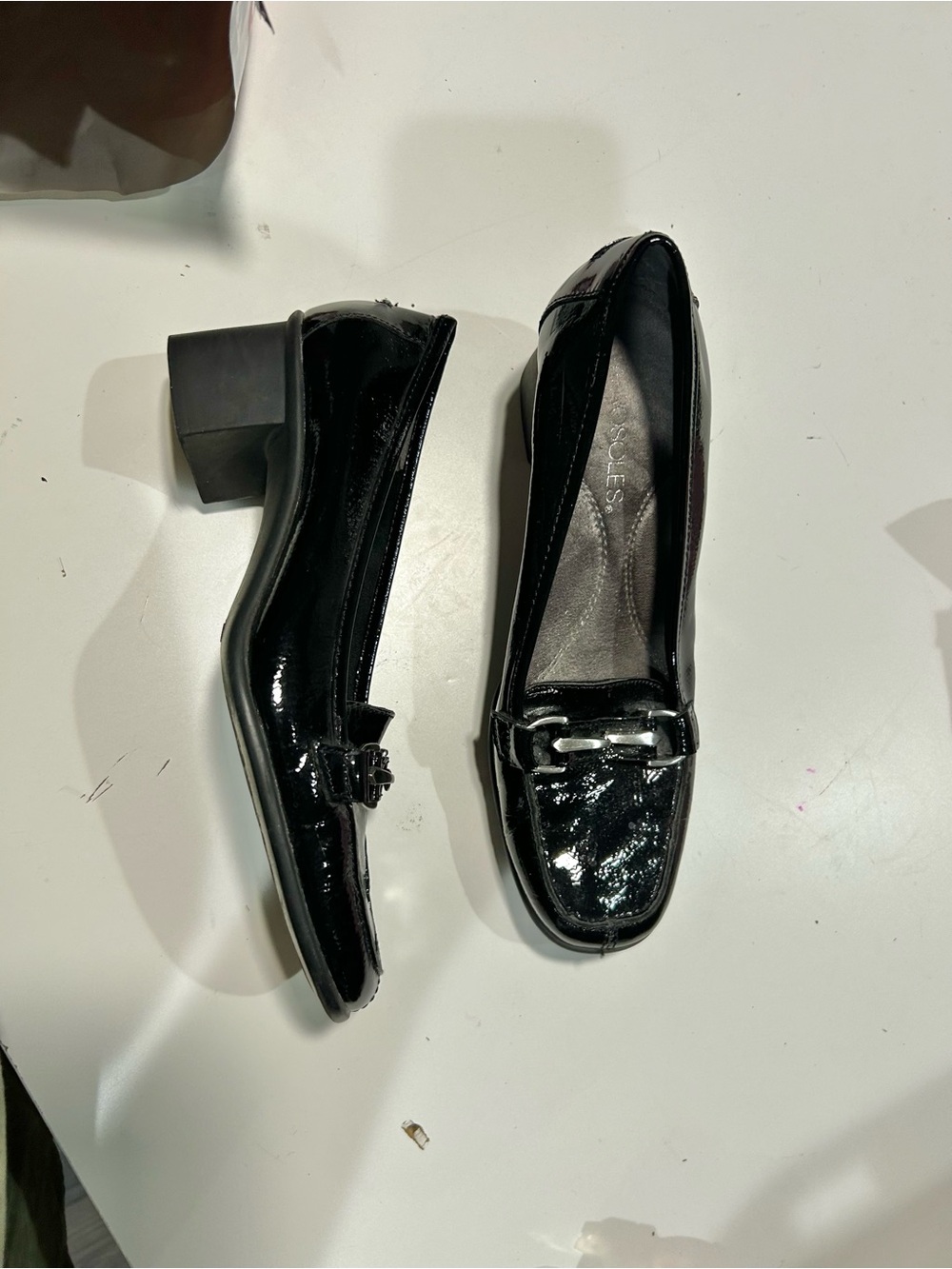 Black Patent Leather Block Heel Loafers